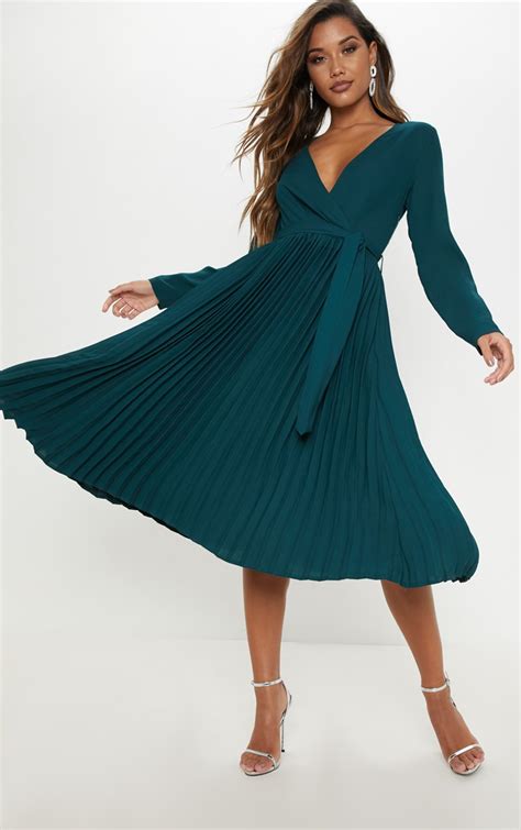 Emerald Green Pleated Midi Dress | PrettyLittleThing KSA