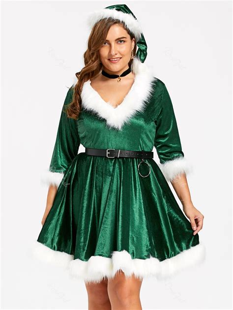 2018 Plus Size Faux Fur Panel Velvet Christmas Party Dress With Hat In ...