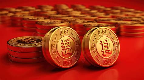 Chinese Yuanbao Ingot And 3d Gold Coins On A Vibrant Red Background For ...