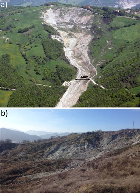 Roncovetro landslide. (a) Aerial image of mudflow and (b) detail of ...