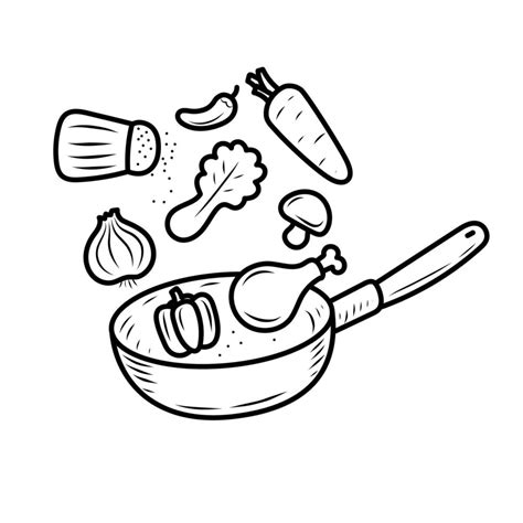 Cooking concept vector illustration with doodle drawing style. Pan with ...