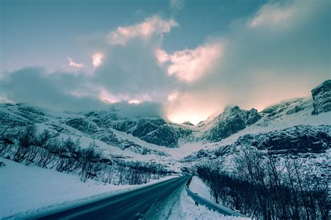 wallpaper mountains, winter, road, snow, clouds, norway HD : Widescreen ...