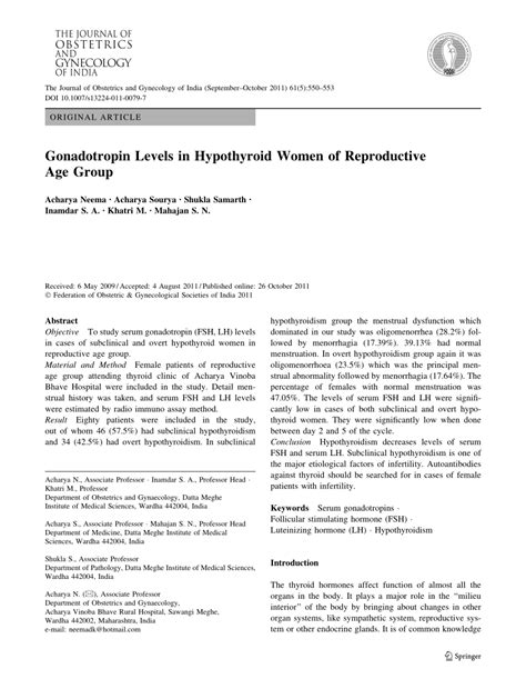 (PDF) Gonadotropin Levels in Hypothyroid Women of Reproductive Age Group