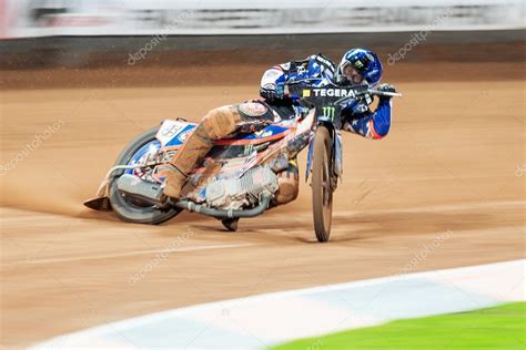 Speedway racer in action with motion blur in a curve at the TEGE ...