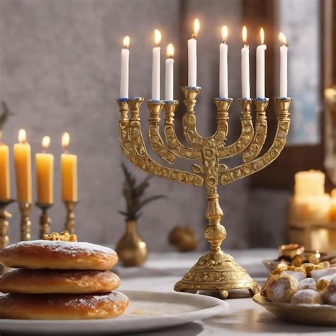 Premium AI Image | Menorah and sufganiyah near gelt and dreidels