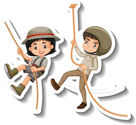 Couple kids hanging on rope cartoon character sticker 3626749 Vector ...