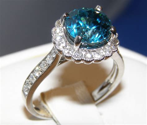 Ideal Faceted Blue Zircon (H)* Diamond Ring 18KWG 4.21 ctw : Color ...