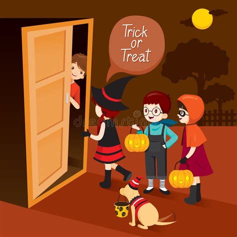 Trick or Treat, Children and Man Open Door Stock Vector - Illustration ...