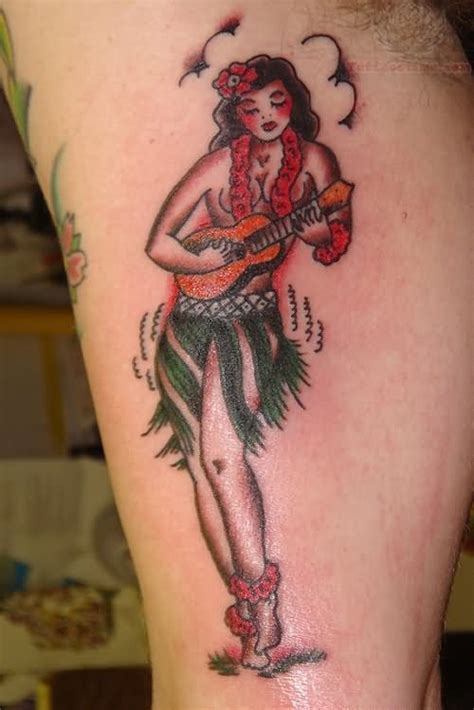 Pirate Girl Playing Guitar Tattoo On Thigh