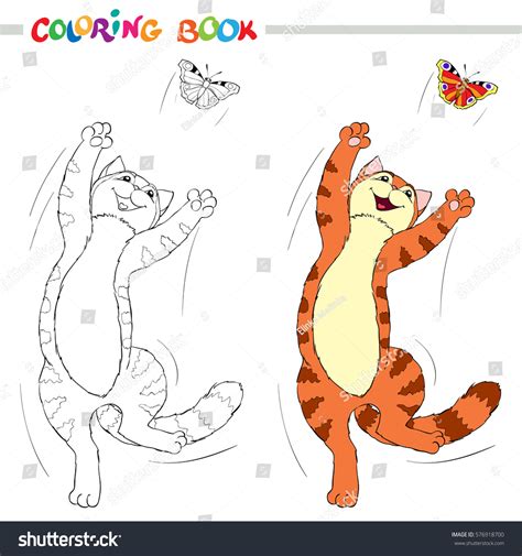 Vektor Stok Coloring Book Page Red Cat Jumping (Tanpa Royalti ...