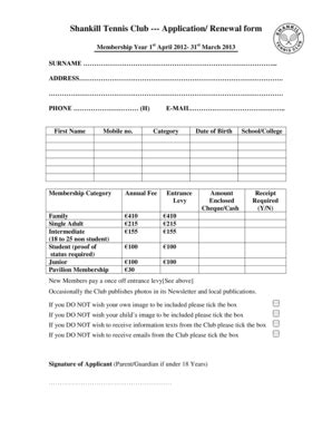 Fillable Online Shankill Tennis Club Application/ renewal form Fax ...