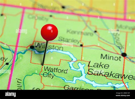 Watford City pinned on a map of North Dakota, USA Stock Photo - Alamy