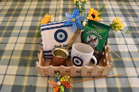 Greek gift basket with coffee. Greek coffee, coffee pot, kitchen towel ...