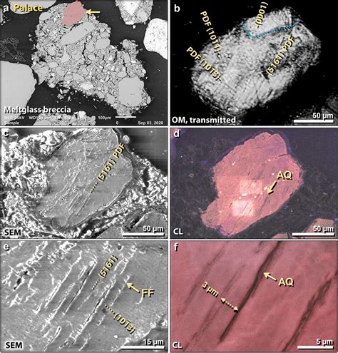 Shocked quartz grain from TeH palace. (a) SEM image of a 750-µm-wide ...