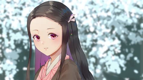 Demon Slayer Nezuko Kamado With Pink Eyes And Black Hair With Blur ...