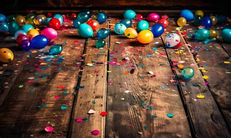 Premium Photo | Colorful balloons and confetti on a wooden surface