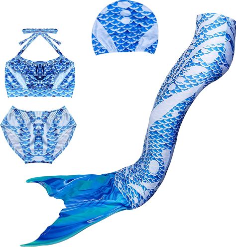 Kids Girls Mermaid Swimming Costume 4PCS Swimmable Bikini Set Swimsuit ...