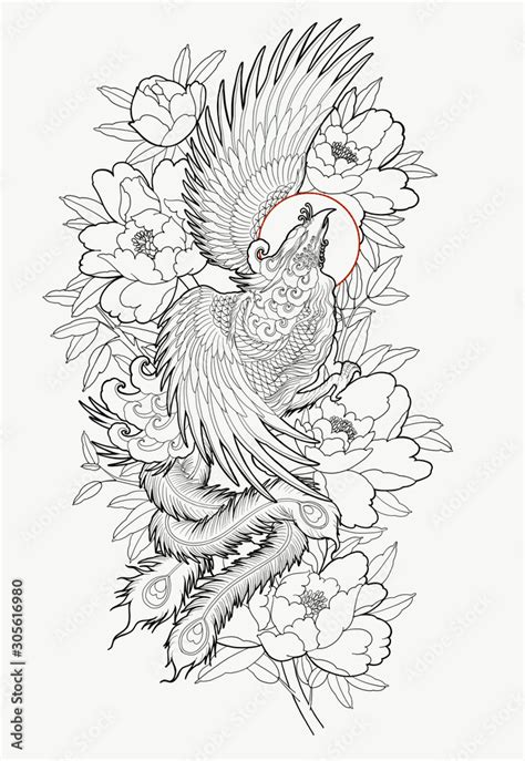 Hand drawn phoenix and flower outline tattoo design. ilustración de ...