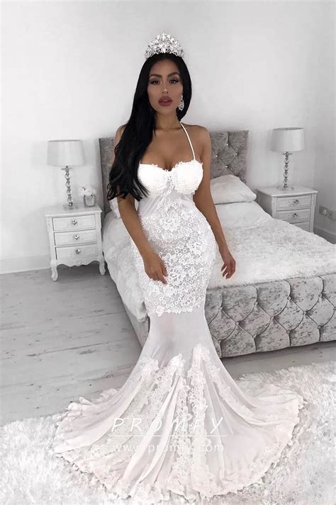 White Lace Sheer Mesh Trumpet Unique Wedding Dress - Promfy