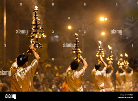 India, Uttar Pradesh, Priests celebrating River Ganges Aarti Stock ...