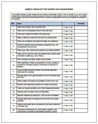 Workplace Housekeeping Checklist Template