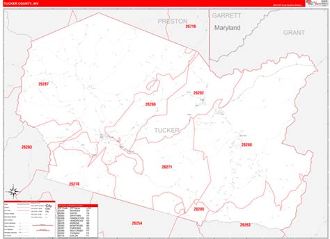 Tucker County, WV Zip Code Wall Map Red Line Style by MarketMAPS - MapSales