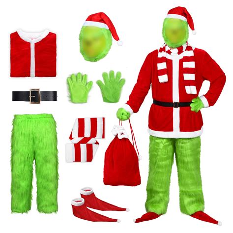 Buy Alaiyaky Grinch Costume Set, 8Pcs Grinch Costume Adult Deluxe Santa ...