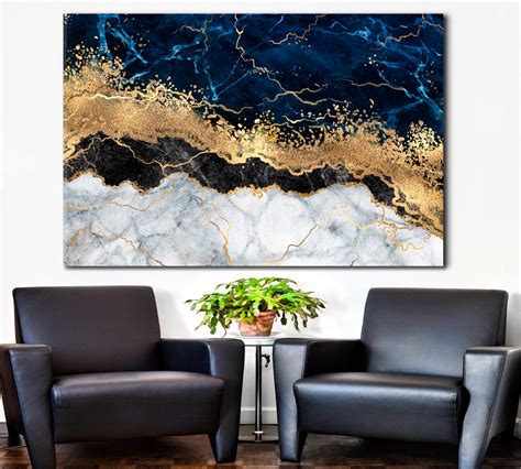 Abstract White Blue Marble Golden Veins Artistic Design Canvas Print ...