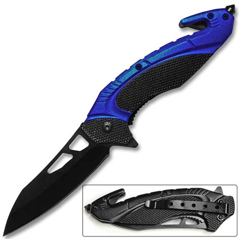 White Deer Tactical Knife with Glass Breaker Blue and Black