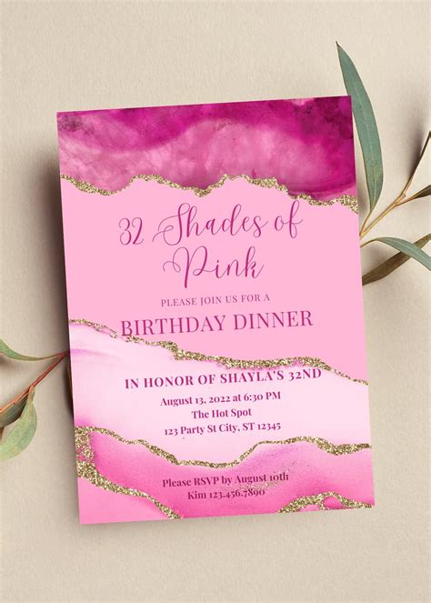 Editable Shades of Pink Invitation Agate Birthday Dinner - Etsy UK