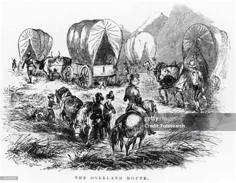 Illustration titled 'The Overland Route,' depicting a wagon train ...