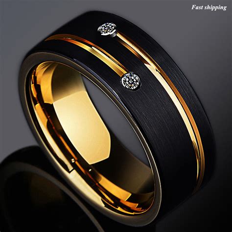 8mm Black Brushed Tungsten Ring Gold Grooved Line CZ Inlay ATOP Men ...