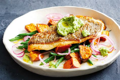 Snapper with macadamia pesto and bean salad