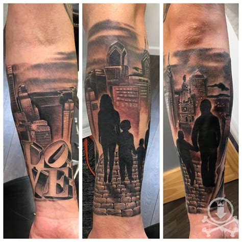 Lovely family silhouette and Philadelphia skyline tattoo by Meghan ...