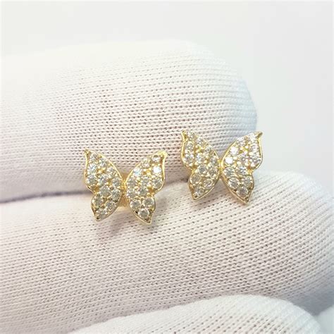 14K Real Solid Gold Butterfly Stud Earrings for Women