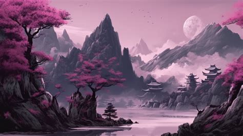 Purple Trees Mountains Japanese Painting AI Generated 4K Wallpaper ...