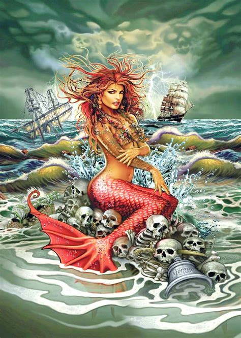 a painting of a mermaid sitting on top of skulls in the water with a ...