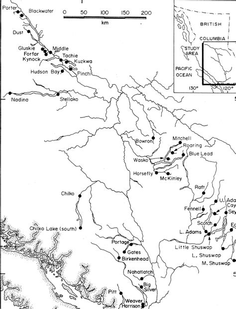 Map of the Fraser River watershed indicating locations of relevant ...