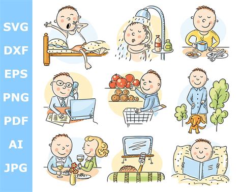 Daily Routine Clipart. Cartoon Man Daily Activities. People Clipart ...