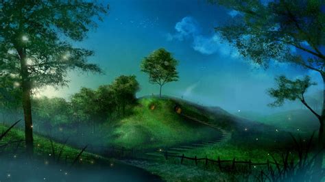 Fireflies artwork fictional landscapes shire bag end wallpaper ...