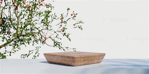 Wooden product display podium with blurred nature leaves background. 3D ...