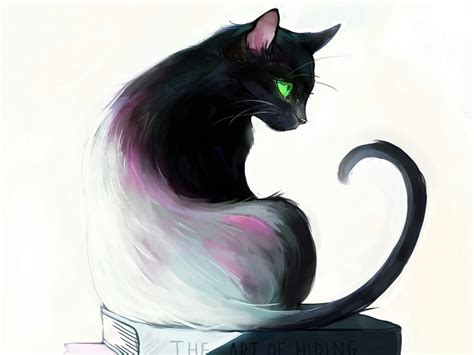 Wallpaper Art painting, black cat, look back, green eyes, book ...