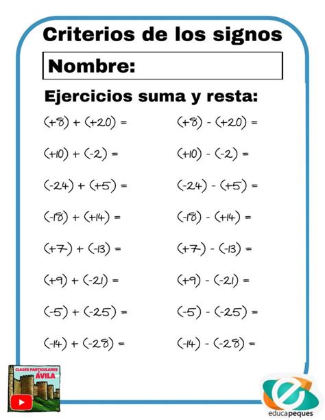 La ley de los signos en matemáticas. Fichas y ejercicios