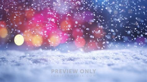 Falling Snow Background With Colorful Bokeh Lights At Night. - Stock ...