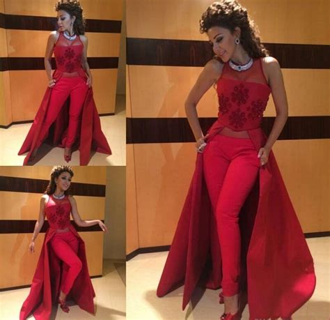 2016 Myriam Fares Dresses Red Formal Gowns Illusion Neckline Appliques ...