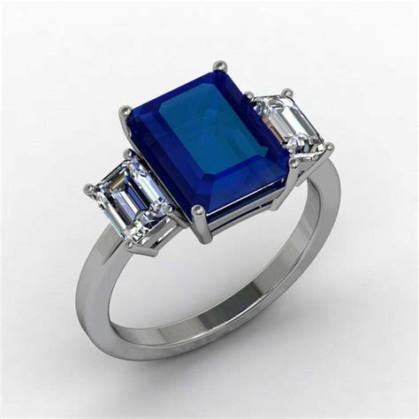 5Ct Emerald Cut Blue Sapphire Three-Stone Engagement Ring 18K White ...