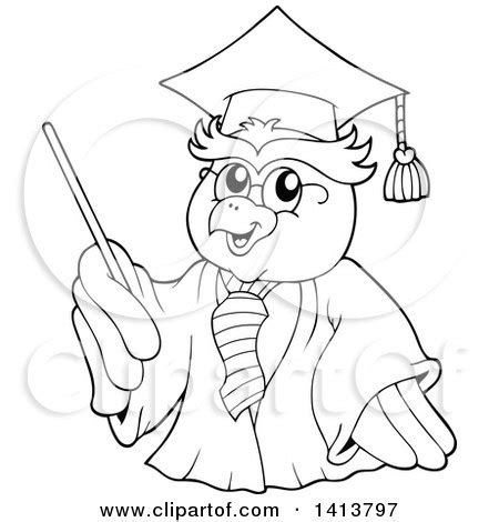 Clipart of a Black and White Lineart Professor Owl - Royalty Free ...