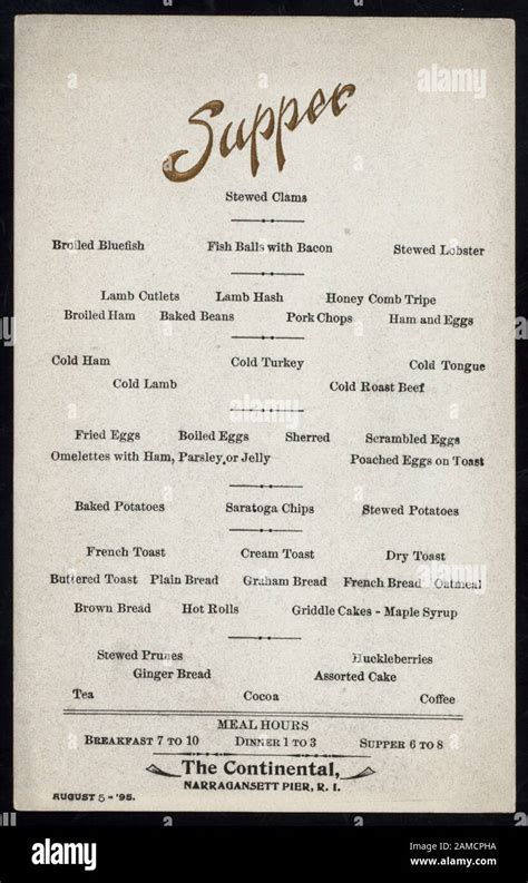 SUPPER MENU (held by) THE CONTINENTAL (at) NARRAGANSETT PIER, RI (HOT ...