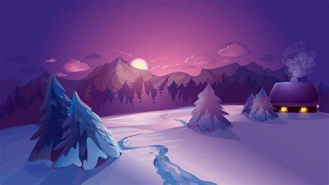 Nature, digital art, mountains, clouds, winter, house, snow, sunset ...