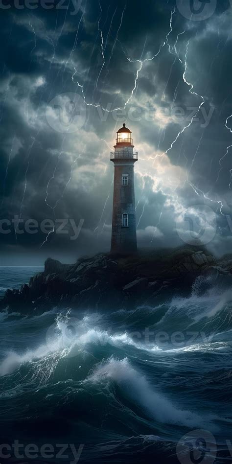 lighthouse during storm, harbor landscape with storm and lightning ...